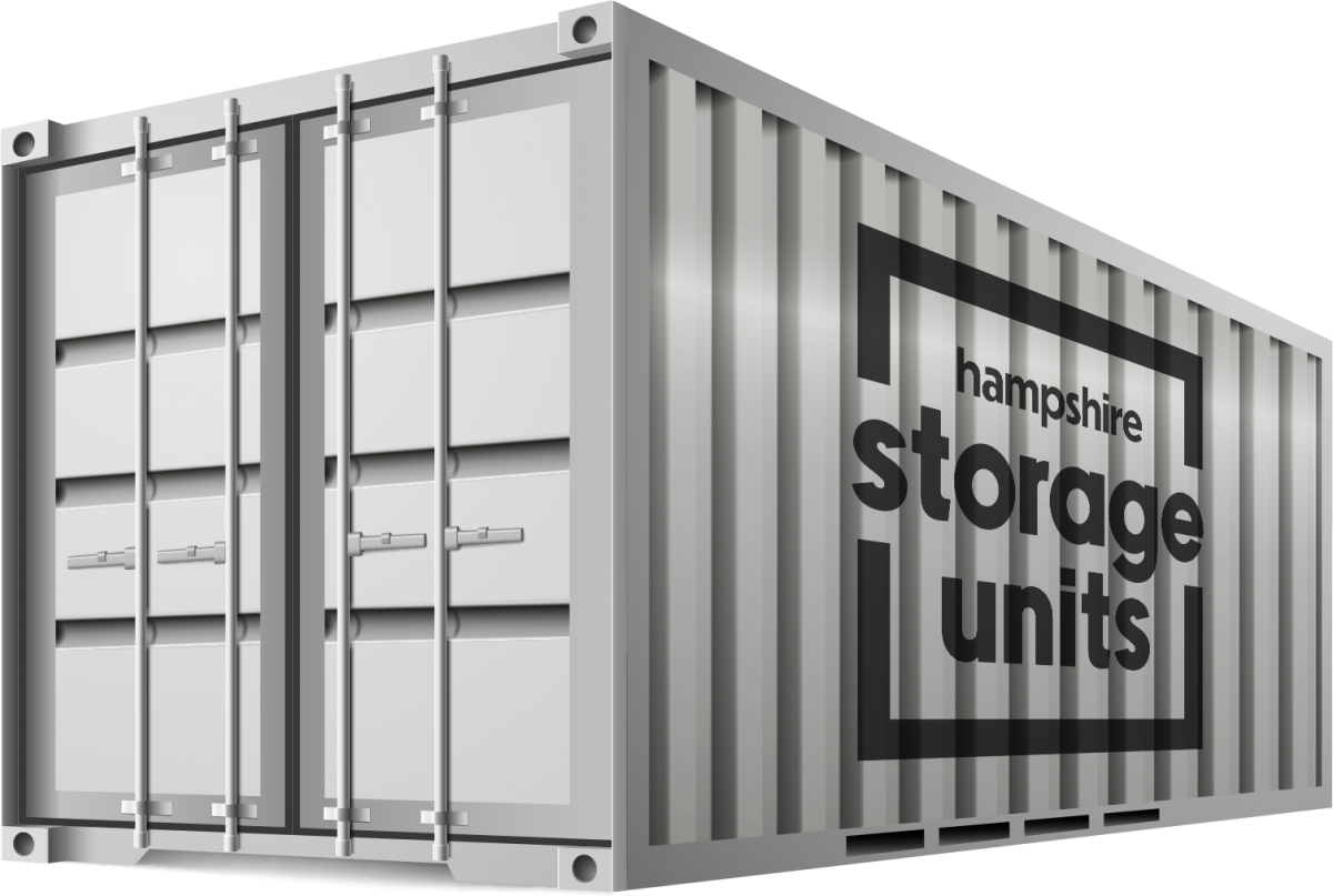 Illustration of a grey container storage unit with the Hampshire Storage Units logo on the side